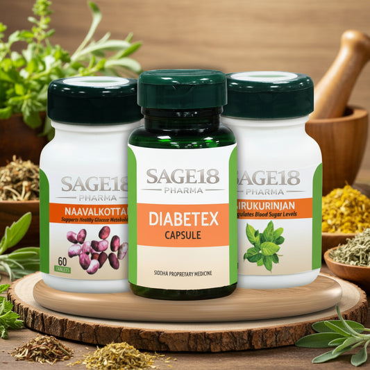 Diabetex Capsule 60 No's + Naavalkottai Tablet 60 No's + Sirukurinjan Tablet 60 No's -Diabetes Combo - Sage18